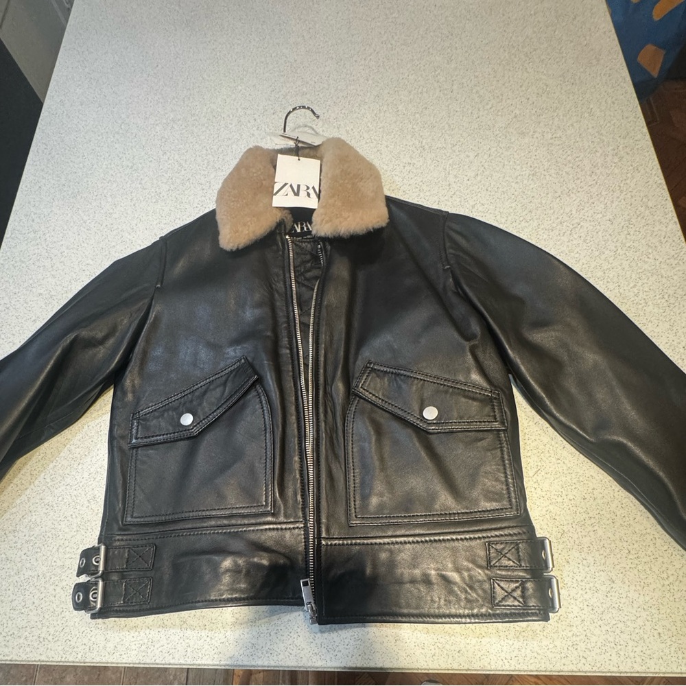 Zara Black Leather Bomber Jacket with Brown Collar